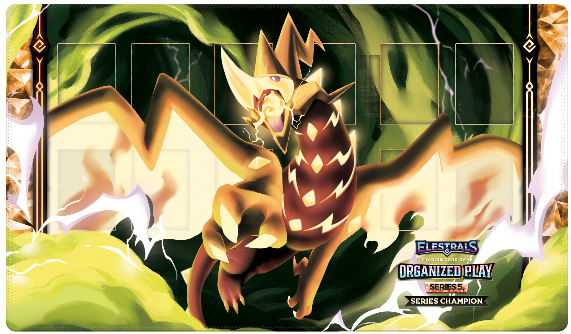 A playmat with a gem frame border and a Sulfury elestral